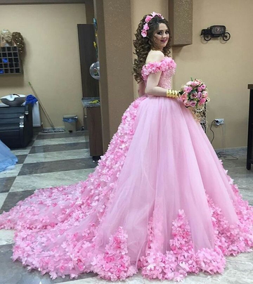 Pink Wedding Dresses,Flower Wedding Dresses,Tulle Quinceanera Dress Evening Dress, HZ1023